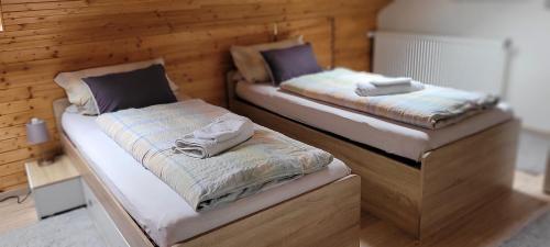 two beds in a room with wooden walls at Pension Schlafstuhl in Aschheim