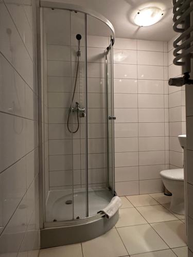 a shower stall in a bathroom with a toilet at Pensjonat Jagoda B&B in Międzyzdroje
