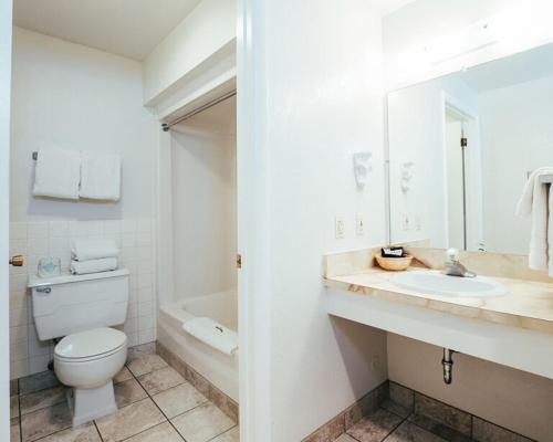 La salle de bains blanche est pourvue de toilettes et d'un lavabo. dans l'établissement Bryce Canyon Pines, à Bryce Canyon