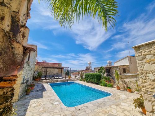 a swimming pool in a villa with a palm tree at Poseidon's Pool Paradise in Skarinou