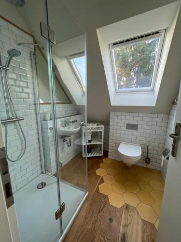 een badkamer met een douche, een toilet en een wastafel bij Ferienhaus "Haus am See" in Prenzlau