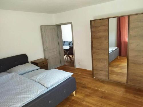 - une chambre avec un lit et un grand miroir dans l'établissement Apartmán Mýto, à Mýto pod Ďumbierom