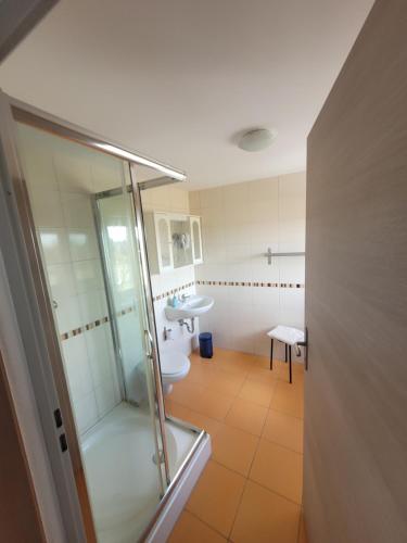 y baño con ducha, aseo y lavamanos. en Pension Schützenhaus Leisnig, en Leisnig