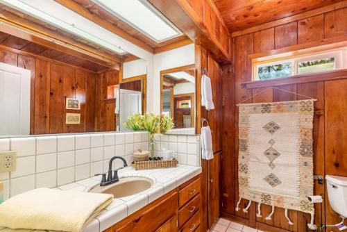 uma casa de banho com um lavatório e um espelho em Sierra Vista Lookout Lodge with Creek, Waterfall and Waterholes, minutes from Bass Lake and Yosemite South Gate em North Fork