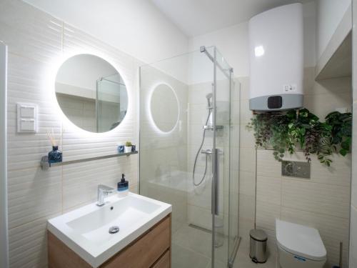 a white bathroom with a sink and a shower at Blue Bird Citadel Apartment in Budapest