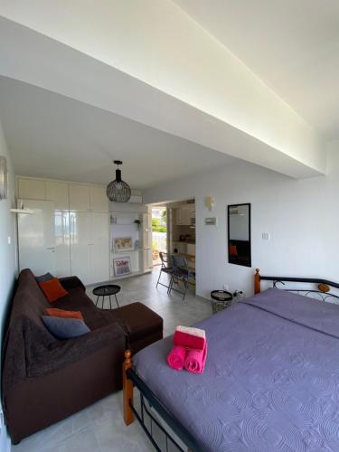 1 dormitorio con 1 cama y 1 sofá en Cozy Coral Bay Studio by the sea en Coral Bay