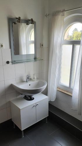 La salle de bains est pourvue d'un lavabo, d'un miroir et d'une fenêtre. dans l'établissement Ferienwohnung Schulz, à Dresde