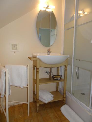 une salle de bain avec un lavabo et un miroir dans l'établissement Le Clos du Mont Jarry, à Le Val-Saint-Père