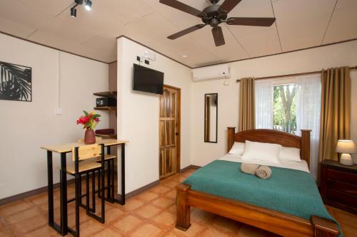 a bedroom with a bed and a desk and a television at Manzanillo Caribbean Resort in Puerto Viejo