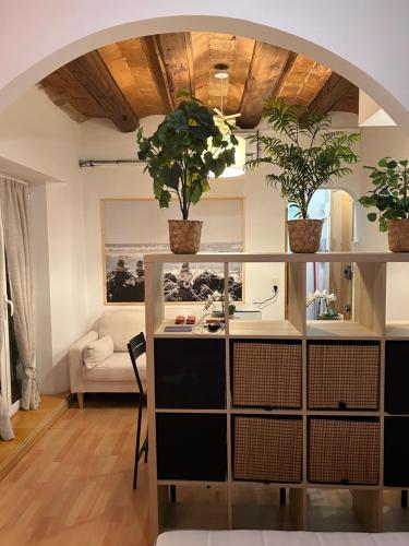 a living room with two potted plants on the ceiling at HGC Barcelona in Barcelona