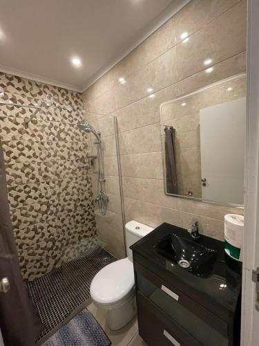 a bathroom with a toilet and a sink and a mirror at Cantinho da Lena in Sacavém