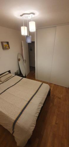 ein Schlafzimmer mit einem großen Bett in einem Zimmer in der Unterkunft Chambre à 25 min du circuit des 24h . in La Bazoge