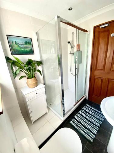 a bathroom with a glass shower and a sink at Apartment with parking, close to the Raigmore hospital in Inverness