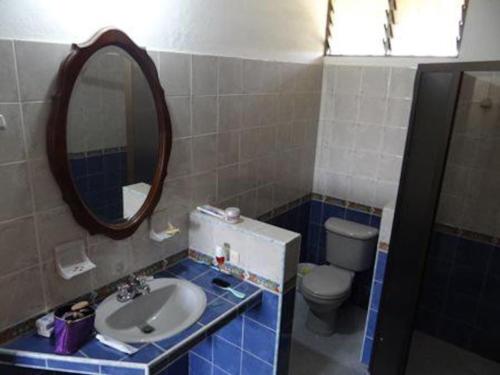 a bathroom with a sink and a toilet and a mirror at Andalucia in Villavicencio