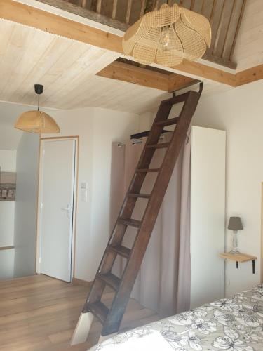 Gîte Atypique avec jacuzzi في Hillion: سلم خشبي في غرفة ذات سقف