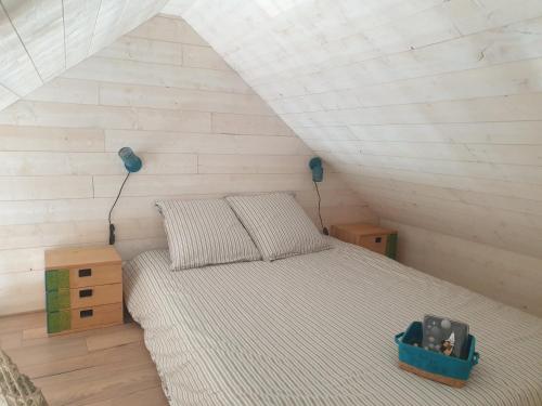 een slaapkamer met een bed en 2 lampen op een zolder bij Gîte Atypique avec jacuzzi in Hillion