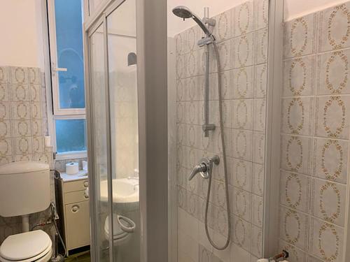 e bagno con doccia, servizi igienici e lavandino. di Bocconi house a Milano