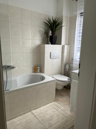 ein Badezimmer mit einem WC und einer Badewanne in der Unterkunft Korbstadt-Villa Rattan-Design mit Balkon, Garten, Arbeitsplatz, Küche in Lichtenfels
