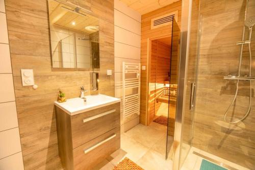 łazienka z umywalką i prysznicem w obiekcie L'orée des bois, SPA et Sauna w mieście Gerbépal