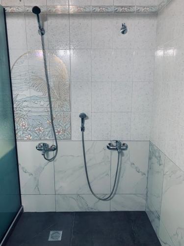 a bathroom with a shower with a glass door at Nadia's Beach House in Pefkari