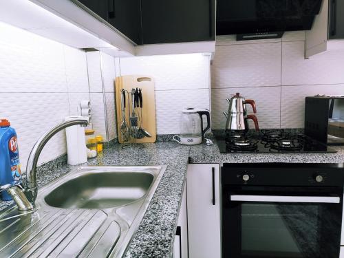 a small kitchen with a sink and a stove at Denizolgun Homes Tenim Suit Apart 3 in Dalaman