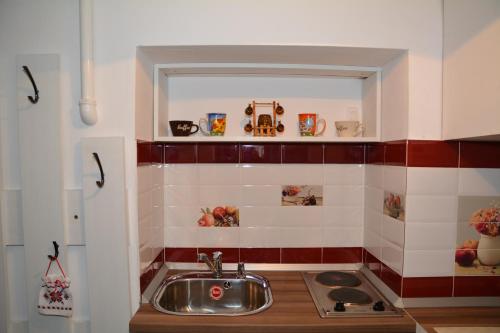 a kitchen with a sink and red and white tiles at Apartament Supercentral Sibiu in Sibiu