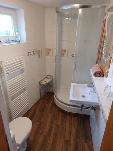 uma casa de banho com um chuveiro, um WC e um lavatório. em Apartmán Tatralandia 336 em Liptovský Mikuláš