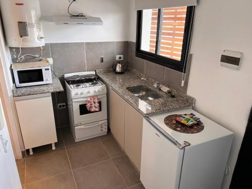 a small kitchen with a sink and a stove at Monoambiente parque p in Villa María