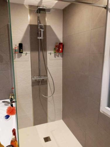 a shower with a glass door in a bathroom at 24 heures du Mans Chambre d'hôte avec piscine in La Suze-sur-Sarthe