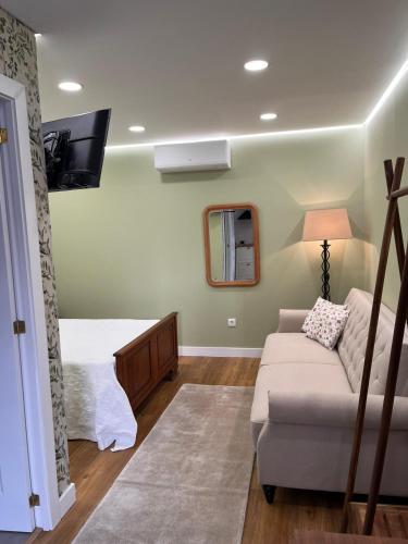 a bedroom with a bed and a couch and a mirror at Casa dos meus avós - AL & Events in Vila Nova de Gaia