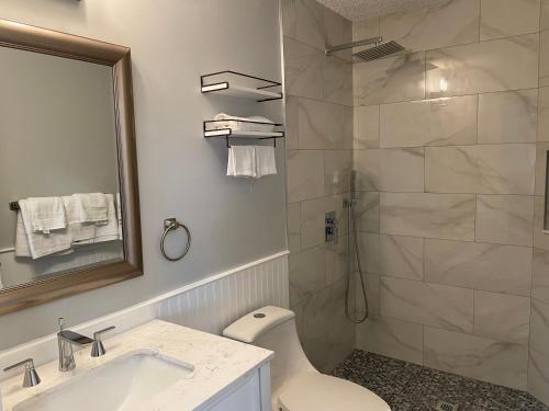 a bathroom with a shower and a sink and a toilet at Sunny Palms Inn in Lake Worth