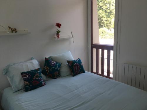 1 dormitorio con cama con almohadas y ventana en Appartement T2 sur le lac d'Hossegor, en Soorts-Hossegor