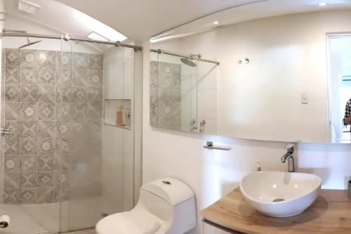 a bathroom with a toilet and a sink and a shower at Habitación en penthouse en el centro histórico in Popayan