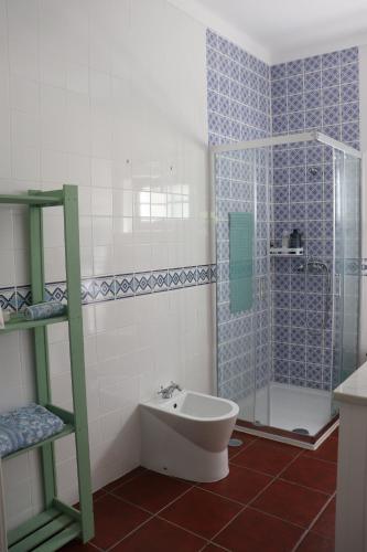 a bathroom with a toilet and a shower and a sink at Quinta da Fé 