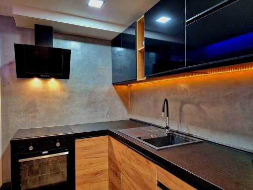 a kitchen with a sink and a tv on the wall at Wellness Gold apartment with Private SAUNA & JACUZZI in Prague