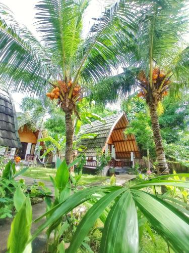 a group of palm trees in front of a house at Follow The Rabbit Bungalow in Gili Air