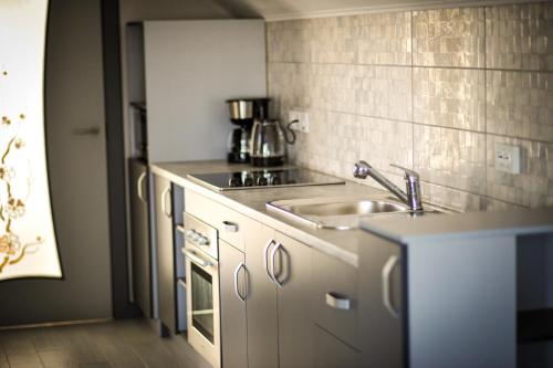 a kitchen with a sink and a counter top at Green Town Apartment in Chortkiv