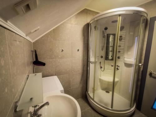 a bathroom with a shower and a sink and a toilet at Green Town Apartment in Chortkiv