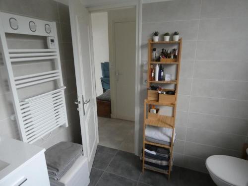 La salle de bains est pourvue d'une douche, de toilettes et d'une étagère. dans l'établissement Maison spacieuse à Notre-Dame-de-Monts, proche plage, 3 chambres, terrasse et parking sécurisé - FR-1-540-179, à Notre-Dame-de-Monts