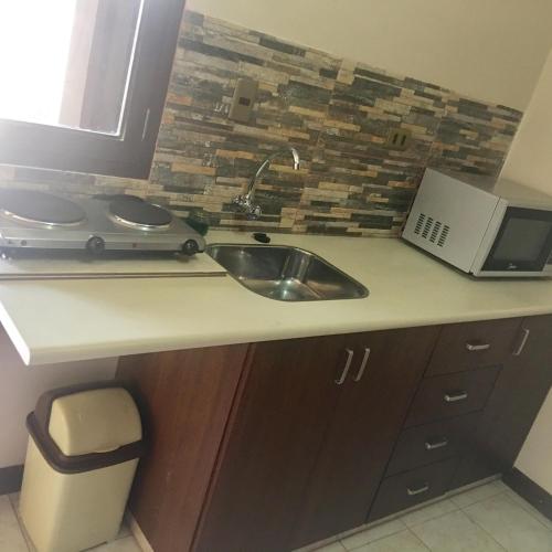 a kitchen counter with a sink and a microwave at Apartamento Standard in Cochabamba