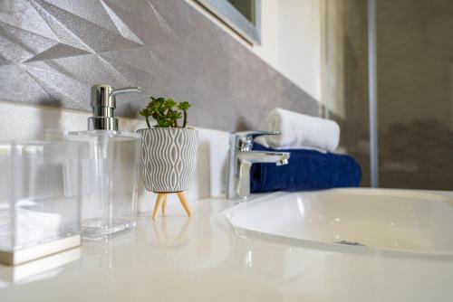 菲利普斯堡的住宿－Modern 3BR Home with Own Private Pool，一间带水槽和花瓶的浴室