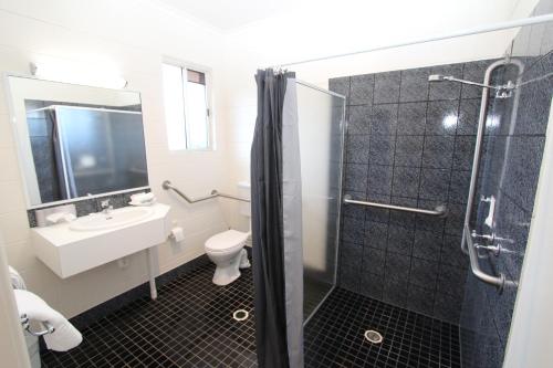 a bathroom with a shower, sink, and toilet at Mildura Riverview Motel in Gol Gol