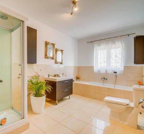 a bathroom with a toilet and a sink and a tub at Villa del Nord in Sa Pobla