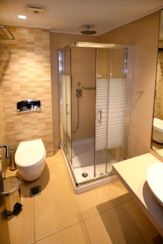 a bathroom with a shower and a toilet and sink at Golden Beach in Hersonissos