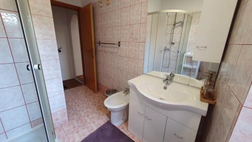 a bathroom with a sink and a toilet and a shower at Holiday House Erna in Izola
