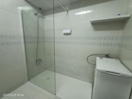 baño con ducha y puerta de cristal en Apartamento Praia da Torreira, en Torreira