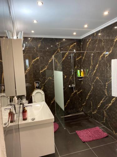 W łazience znajduje się umywalka, prysznic i toaleta. w obiekcie Villa Otos w mieście Afiartis