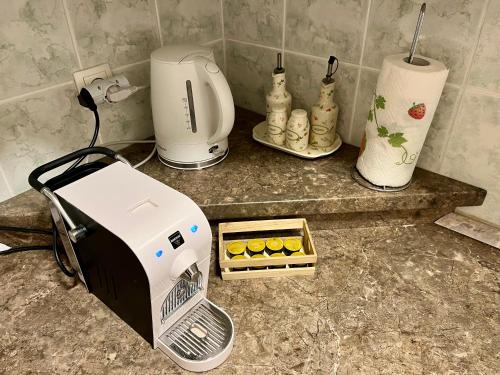 a toaster sitting on a counter with a box of cookies at Apartment TiSa, Bled in Bled