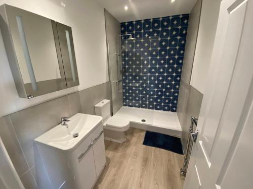 uma casa de banho com um lavatório, um WC e um chuveiro em Clarendon Luxury Apartment em Woodhall Spa