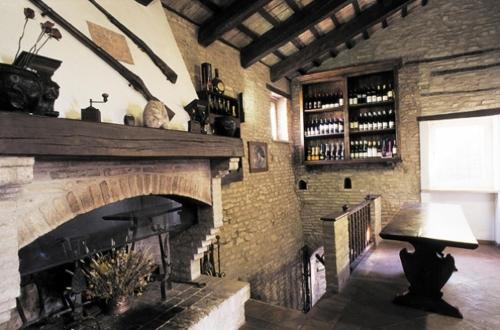 Habitación de ladrillo con chimenea y estantería con botellas de vino en Locanda Di Villa Torraccia, en La Torraccia